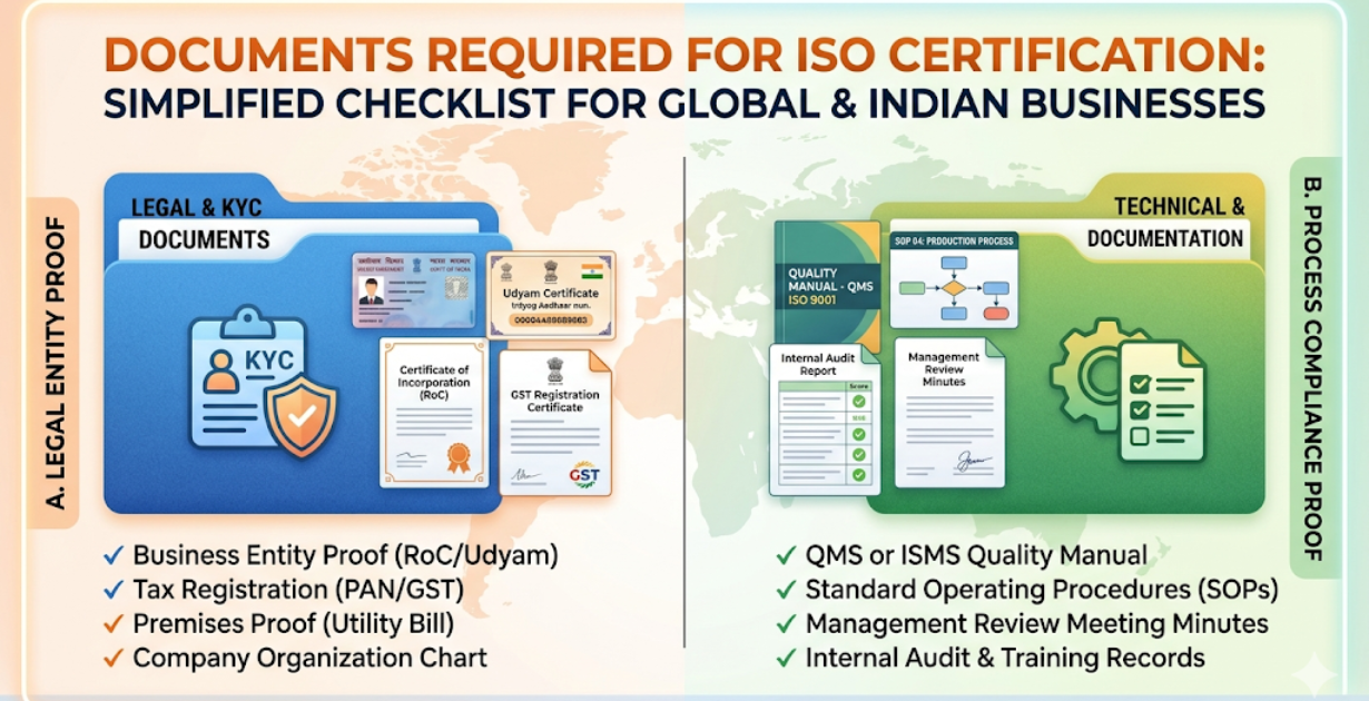 Documents Required for ISO Certification: Divided into Legal/KYC (PAN, GST, RoC) and Technical/QMS (Quality Manual, SOPs) Checklist for Indian and Global Businesses