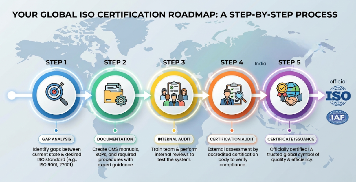 The 5-Step ISO Certification Process: Gap Analysis, Documentation, Internal Audit, Certification Audit, and Certificate Issuance for Indian and International Businesses